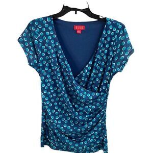 ELLE Womens Faux Wrap Vneck Cap Sleeves Polka Dot Ruched Sides Blouse Sz Small